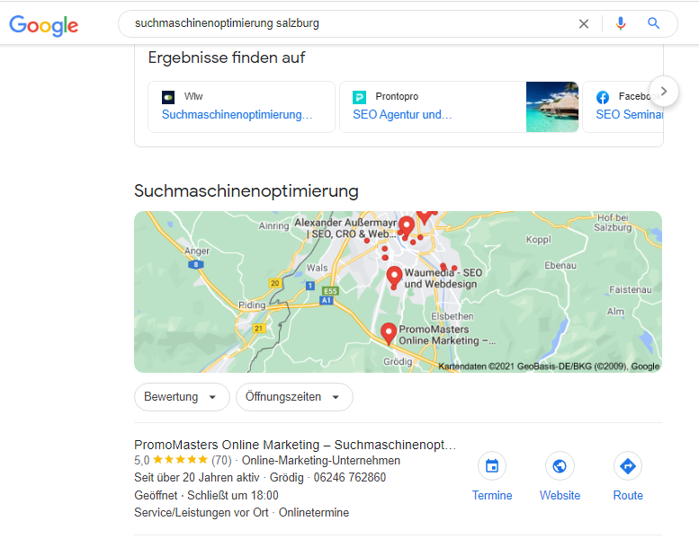 Darstellung eines Google Unternehmensprofils bei Eingabe der Suchabfrage Suchmaschinenoptimierung Salzburg